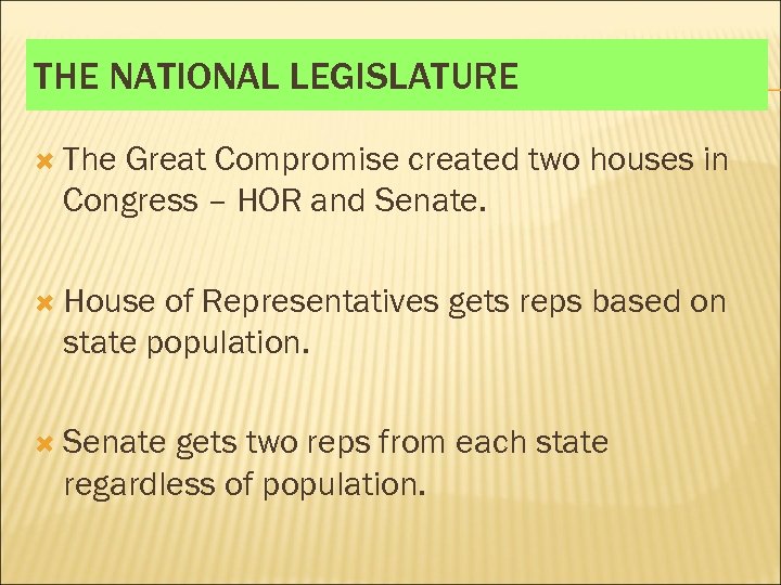 THE NATIONAL LEGISLATURE The Great Compromise created two houses in Congress – HOR and