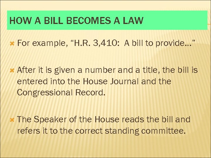 HOW A BILL BECOMES A LAW For example, “H. R. 3, 410: A bill