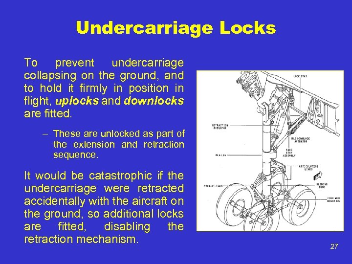 Undercarriage Locks To prevent undercarriage collapsing on the ground, and to hold it firmly