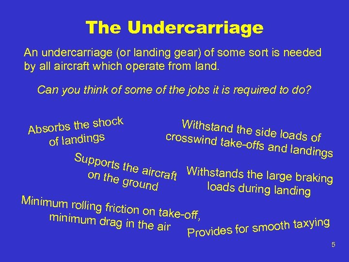 The Undercarriage An undercarriage (or landing gear) of some sort is needed by all