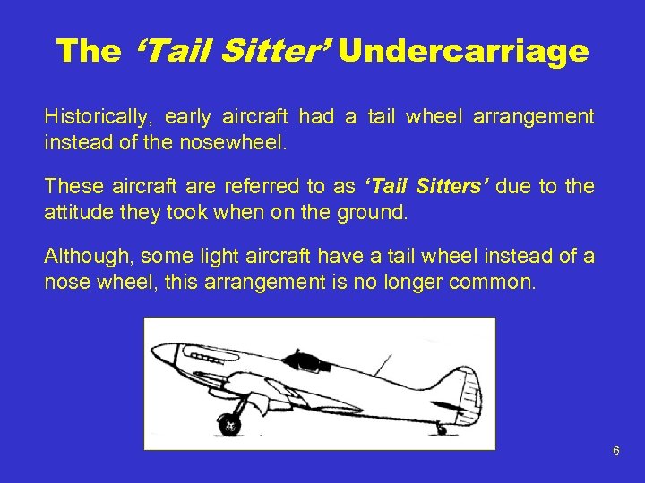 The ‘Tail Sitter’ Undercarriage Historically, early aircraft had a tail wheel arrangement instead of