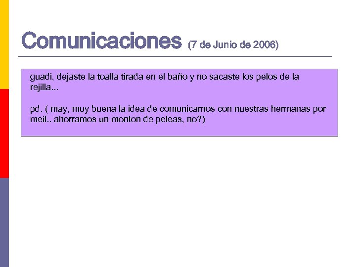 Comunicaciones (7 de Junio de 2006) guadi, dejaste la toalla tirada en el baño