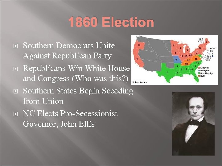 1860 Election Southern Democrats Unite Against Republican Party Republicans Win White House and Congress