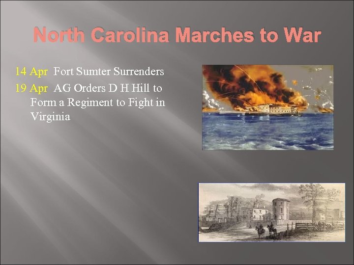 North Carolina Marches to War 14 Apr Fort Sumter Surrenders 19 Apr AG Orders
