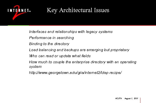 Key Architectural Issues Interfaces and relationships with legacy systems Performance in searching Binding to