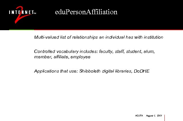 edu. Person. Affiliation Multi-valued list of relationships an individual has with institution Controlled vocabulary