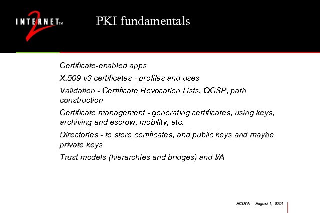PKI fundamentals Certificate-enabled apps X. 509 v 3 certificates - profiles and uses Validation