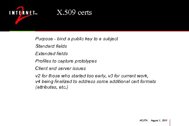X. 509 certs Purpose - bind a public key to a subject Standard fields