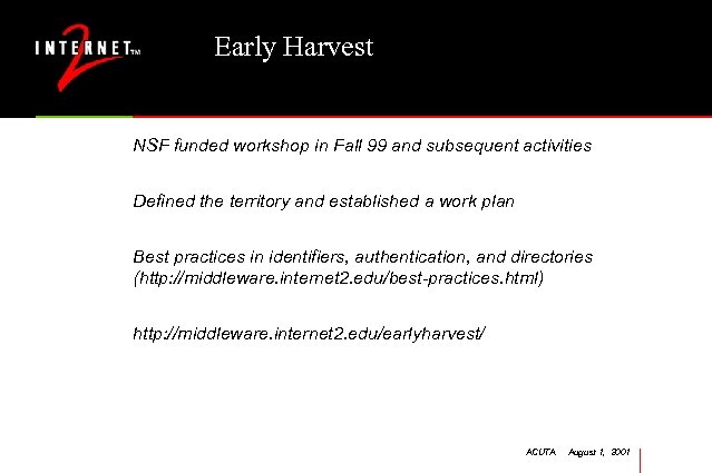 Early Harvest NSF funded workshop in Fall 99 and subsequent activities Defined the territory