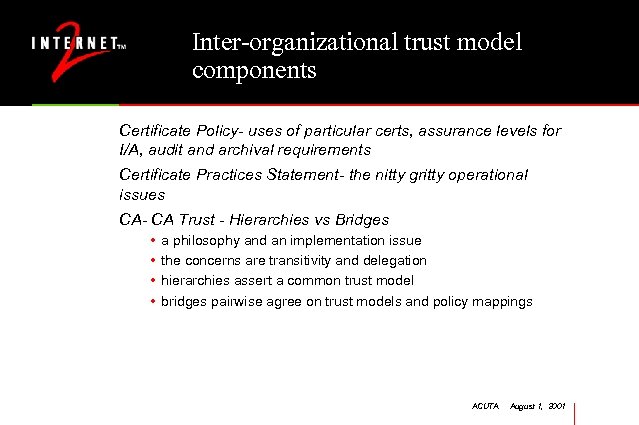 Inter-organizational trust model components Certificate Policy- uses of particular certs, assurance levels for I/A,