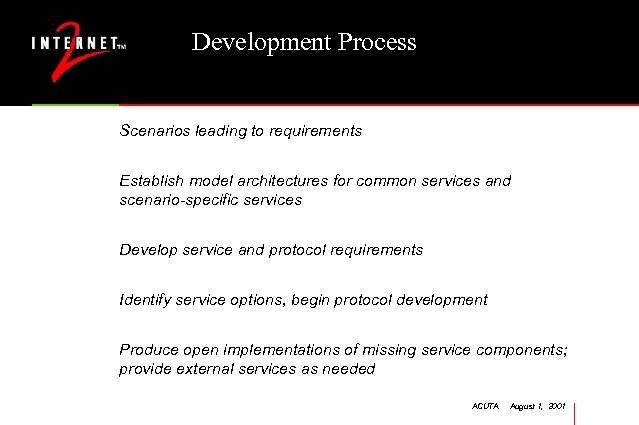 Development Process Scenarios leading to requirements Establish model architectures for common services and scenario-specific