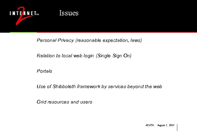 Issues Personal Privacy (reasonable expectation, laws) Relation to local web login (Single Sign On)