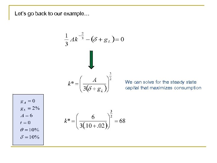 Let’s go back to our example… We can solve for the steady state capital