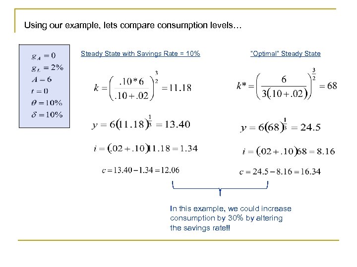 Using our example, lets compare consumption levels… Steady State with Savings Rate = 10%