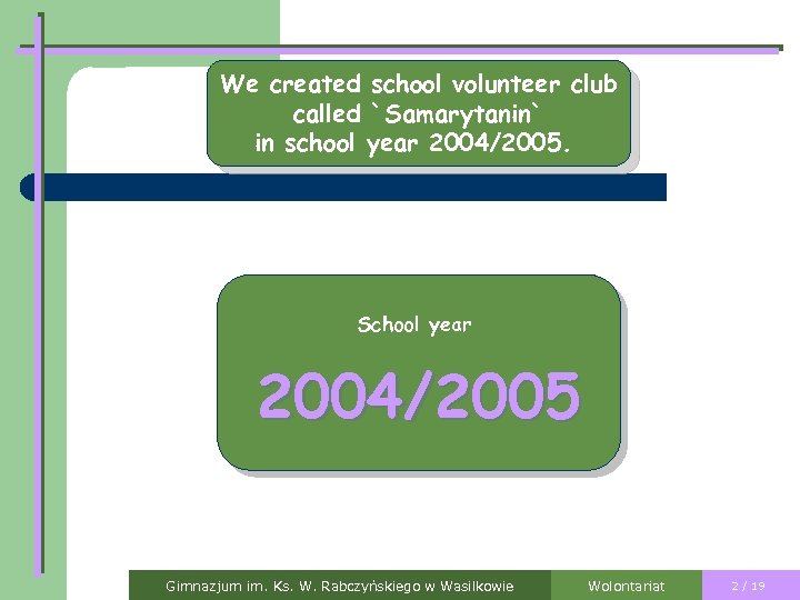 We created school volunteer club called `Samarytanin` in school year 2004/2005. School year 2004/2005