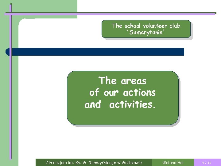 The school volunteer club `Samarytanin` The areas of our actions and activities. Gimnazjum im.