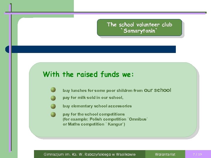 The school volunteer club `Samarytanin` With the raised funds we: buy lunches for some