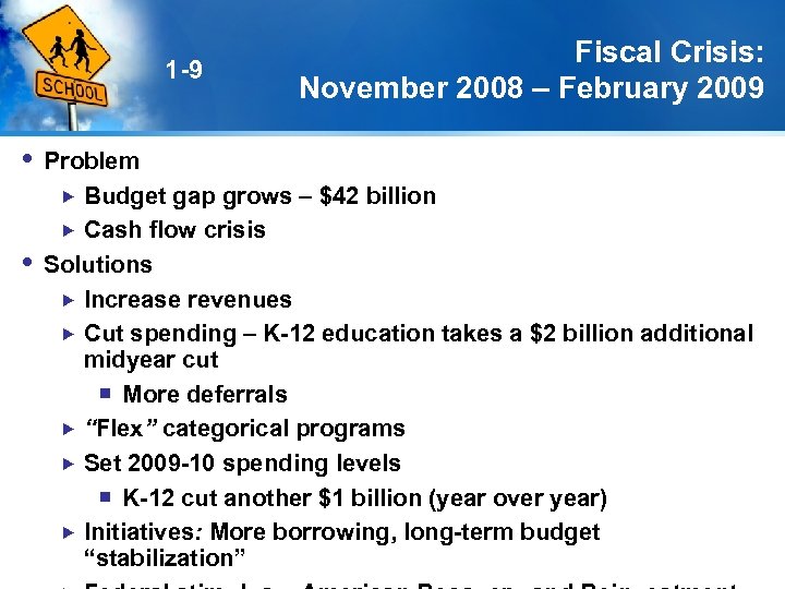 1 -9 Fiscal Crisis: November 2008 – February 2009 Problem Budget gap grows –