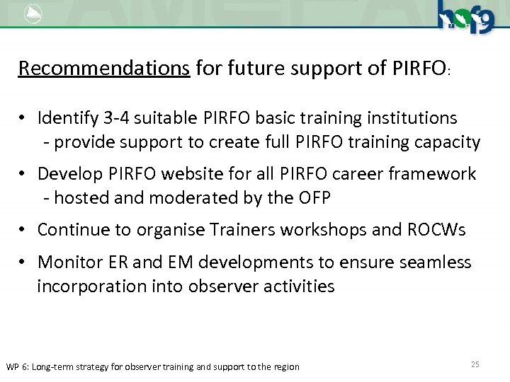 Recommendations for future support of PIRFO: • Identify 3 -4 suitable PIRFO basic training