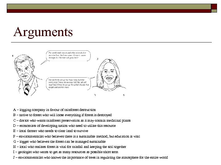 Arguments A – logging company in favour of rainforest destruction B – native to