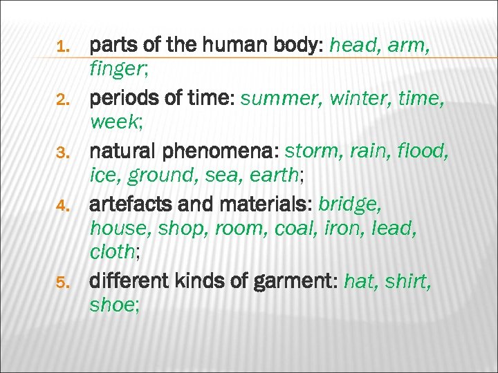 1. 2. 3. 4. 5. parts of the human body: head, arm, finger; periods