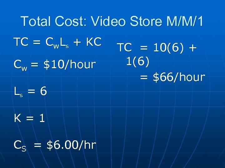 Total Cost: Video Store M/M/1 TC = Cw. Ls + KC Cw = $10/hour
