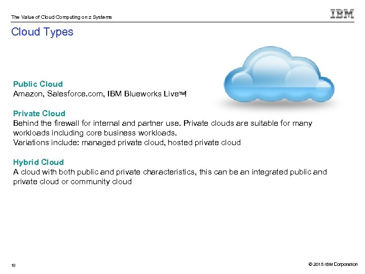 The Value of Cloud Computing on z Systems Cloud Types Public Cloud Amazon, Salesforce.