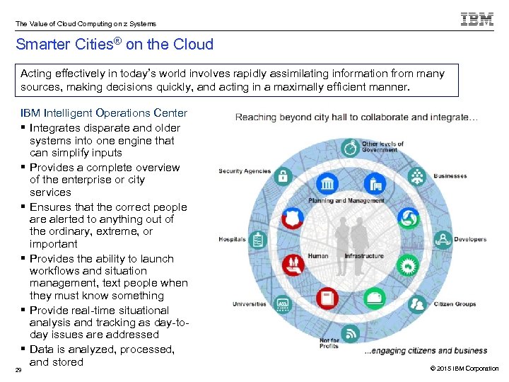 The Value of Cloud Computing on z Systems Smarter Cities® on the Cloud Acting