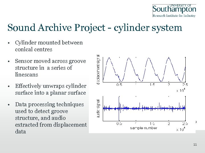 Sound Archive Project - cylinder system • Cylinder mounted between conical centres • Sensor