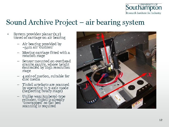 Sound Archive Project – air bearing system • z System provides planar (x, y)