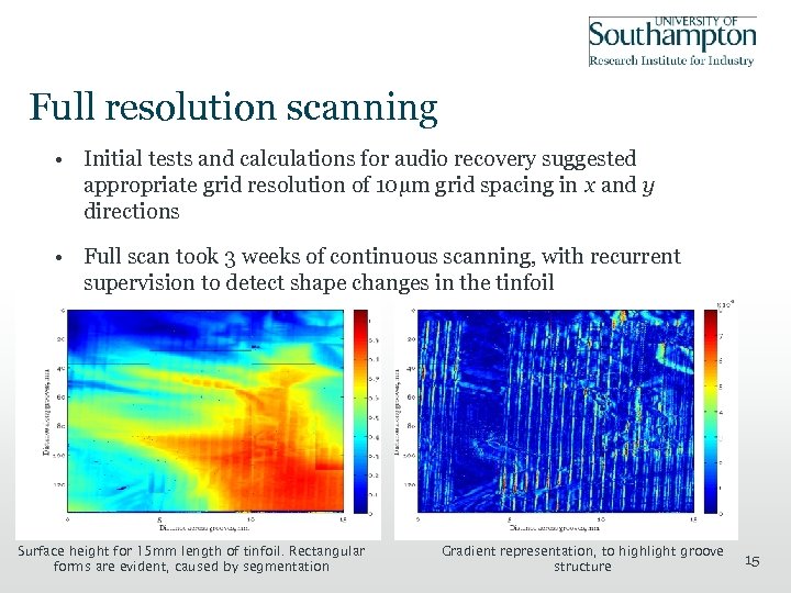 Full resolution scanning • Initial tests and calculations for audio recovery suggested appropriate grid