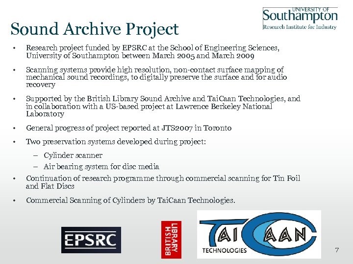 Sound Archive Project • Research project funded by EPSRC at the School of Engineering