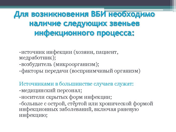 Для возникновения ВБИ необходимо наличие следующих звеньев инфекционного процесса: -источник инфекции (хозяин, пациент, медработник);