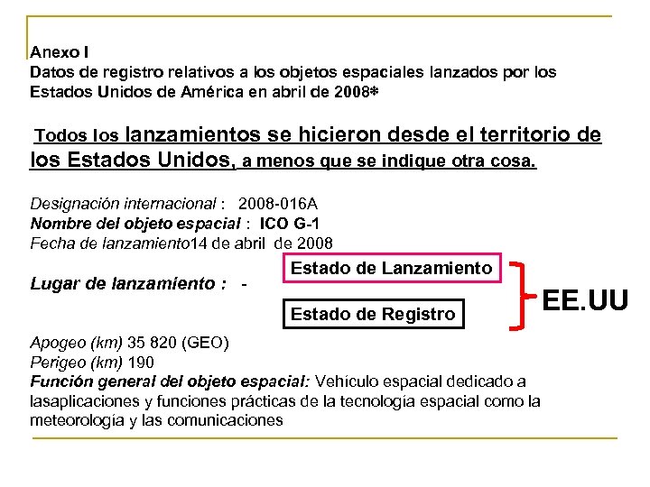 Anexo I Datos de registro relativos a los objetos espaciales lanzados por los Estados
