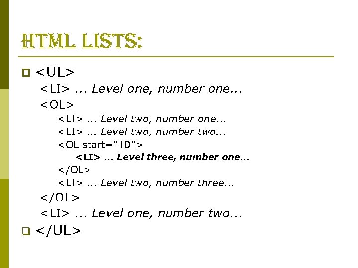 html lists: p <UL> <LI>. . . Level one, number one. . . <OL>