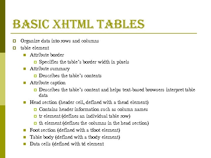 basic xhtml tables p p Organize data into rows and columns table element n