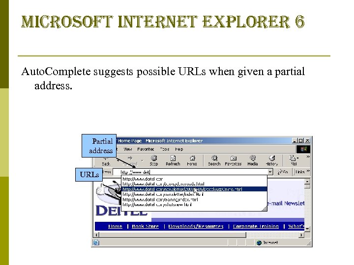 microsoft internet explorer 6 Auto. Complete suggests possible URLs when given a partial address.