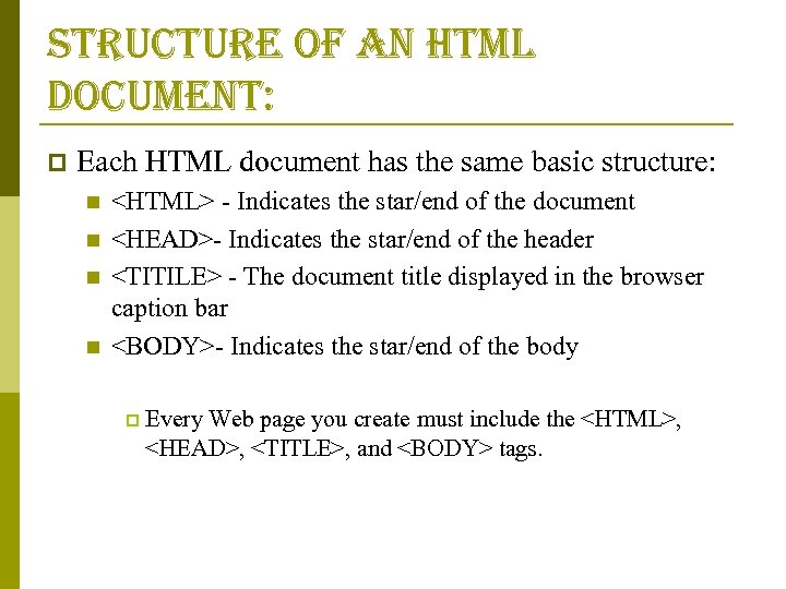 structure of an html document: p Each HTML document has the same basic structure: