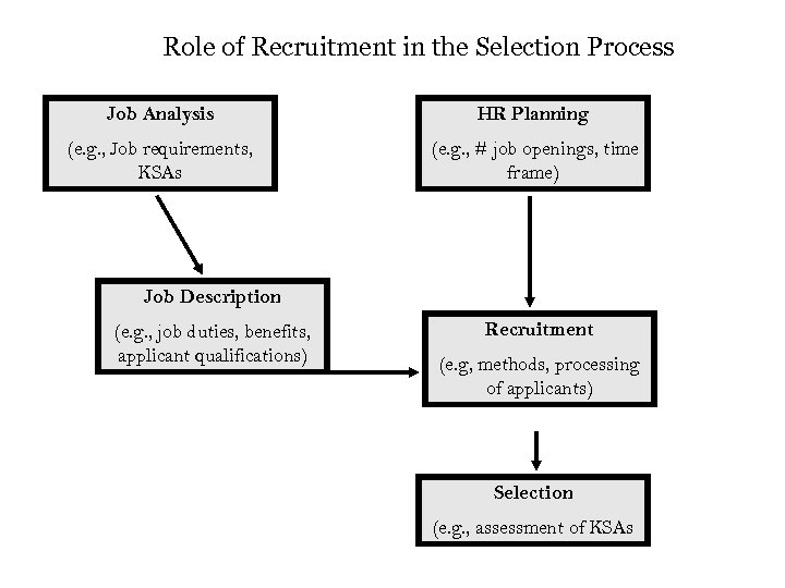 Role of Recruitment in the Selection Process Job Analysis HR Planning (e. g. ,