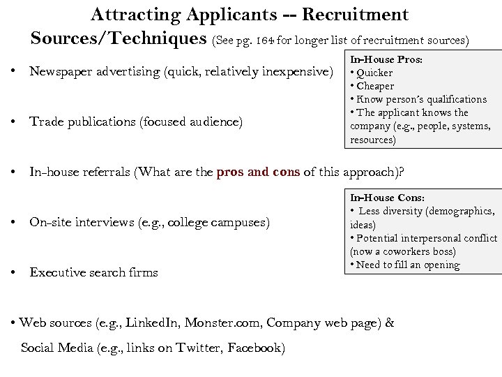 Attracting Applicants -- Recruitment Sources/Techniques (See pg. 164 for longer list of recruitment sources)