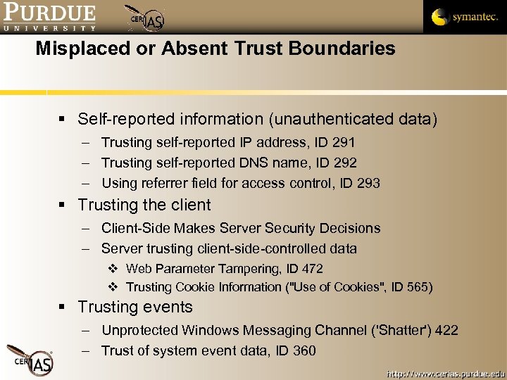 Misplaced or Absent Trust Boundaries Self-reported information (unauthenticated data) – Trusting self-reported IP address,