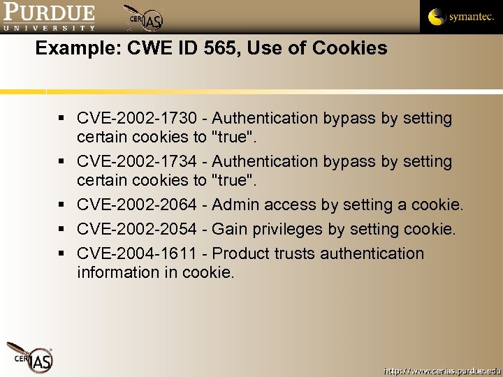 Example: CWE ID 565, Use of Cookies CVE-2002 -1730 - Authentication bypass by setting