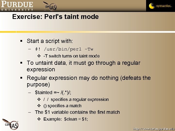Exercise: Perl's taint mode Start a script with: – #! /usr/bin/perl -Tw -T switch