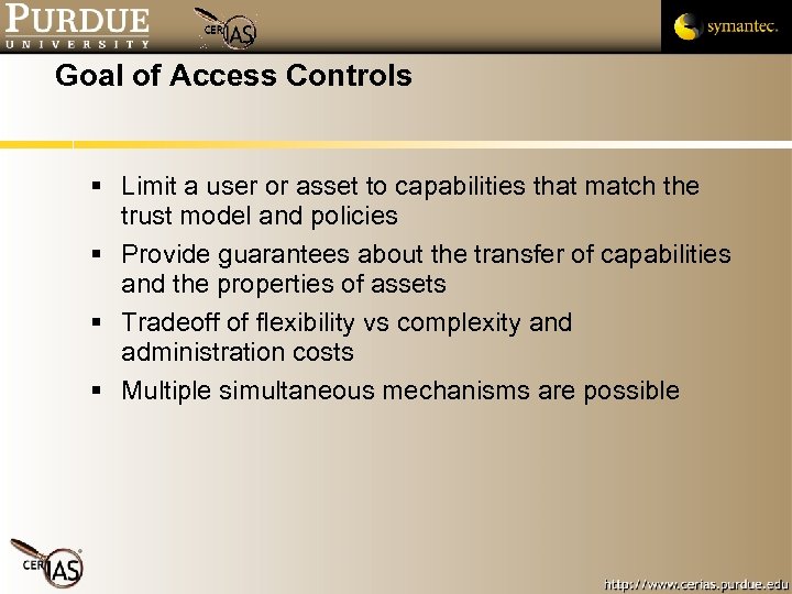 Goal of Access Controls Limit a user or asset to capabilities that match the