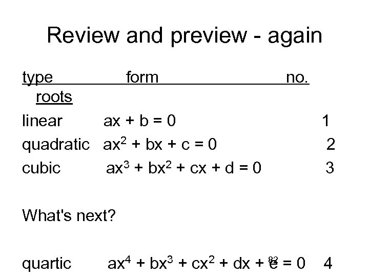 Review and preview - again type form roots linear ax + b = 0