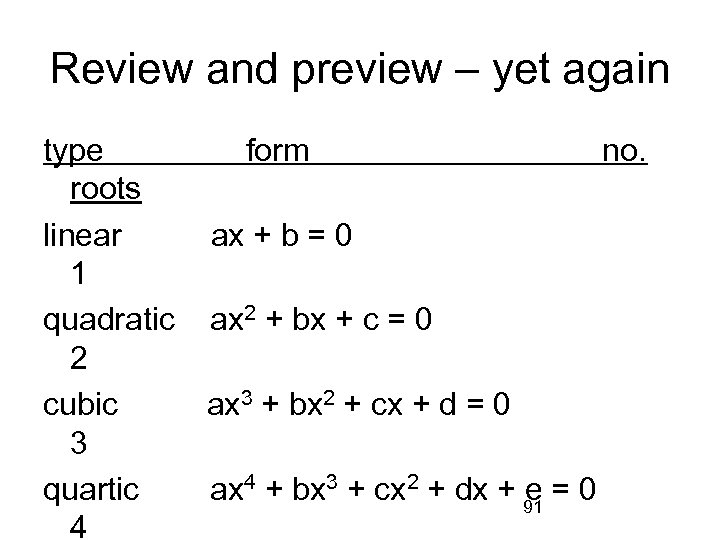 Review and preview – yet again type form no. roots linear ax + b