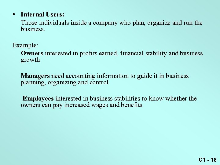  • Internal Users: Those individuals inside a company who plan, organize and run