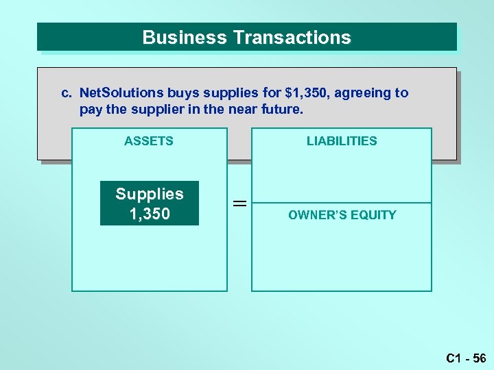 Business Transactions c. Net. Solutions buys supplies for $1, 350, agreeing to pay the