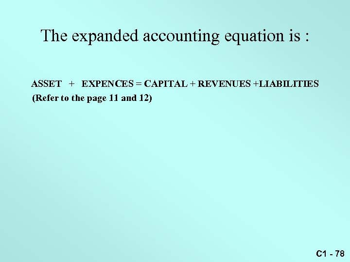 The expanded accounting equation is : ASSET + EXPENCES = CAPITAL + REVENUES +LIABILITIES