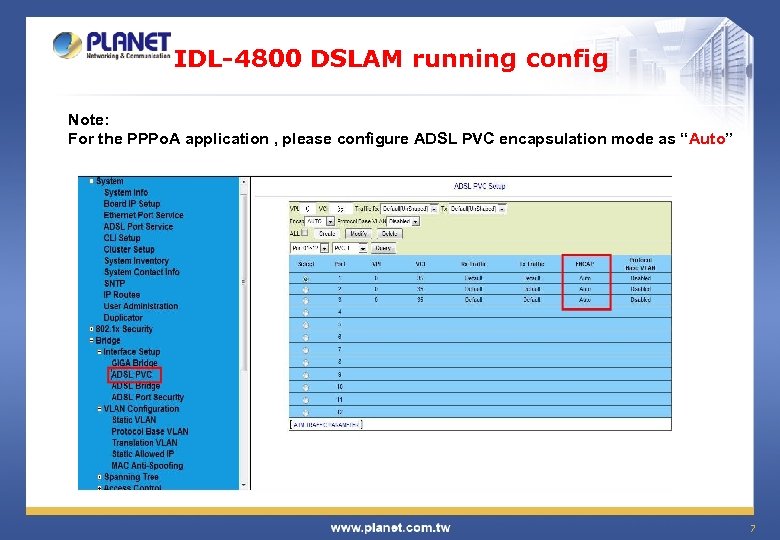 IDL-4800 DSLAM running config Note: For the PPPo. A application , please configure ADSL